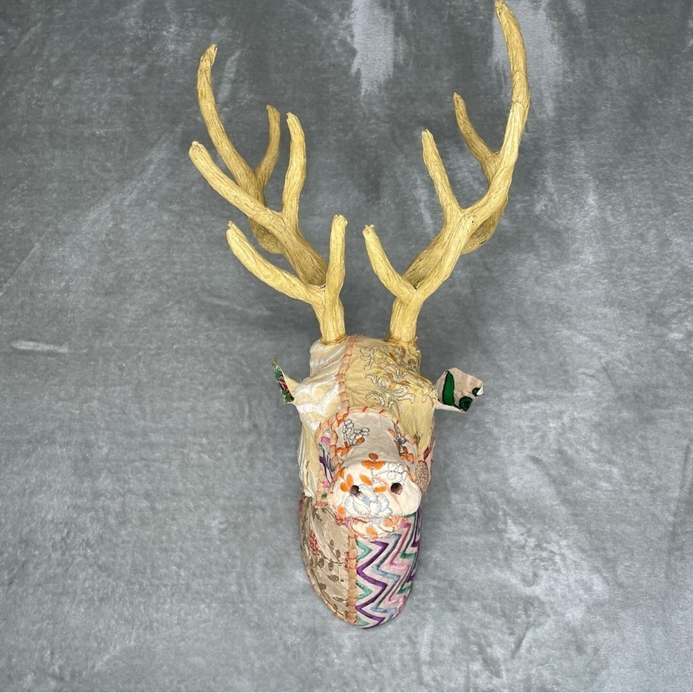 Faux Kantha Patchwork Deer Stag Fabric Covered Wall Decor Gold Antlers Boho